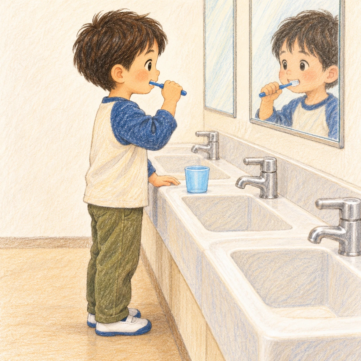 給食のあとに学校の流しで歯みがきをする子どものイラスト(色鉛筆)