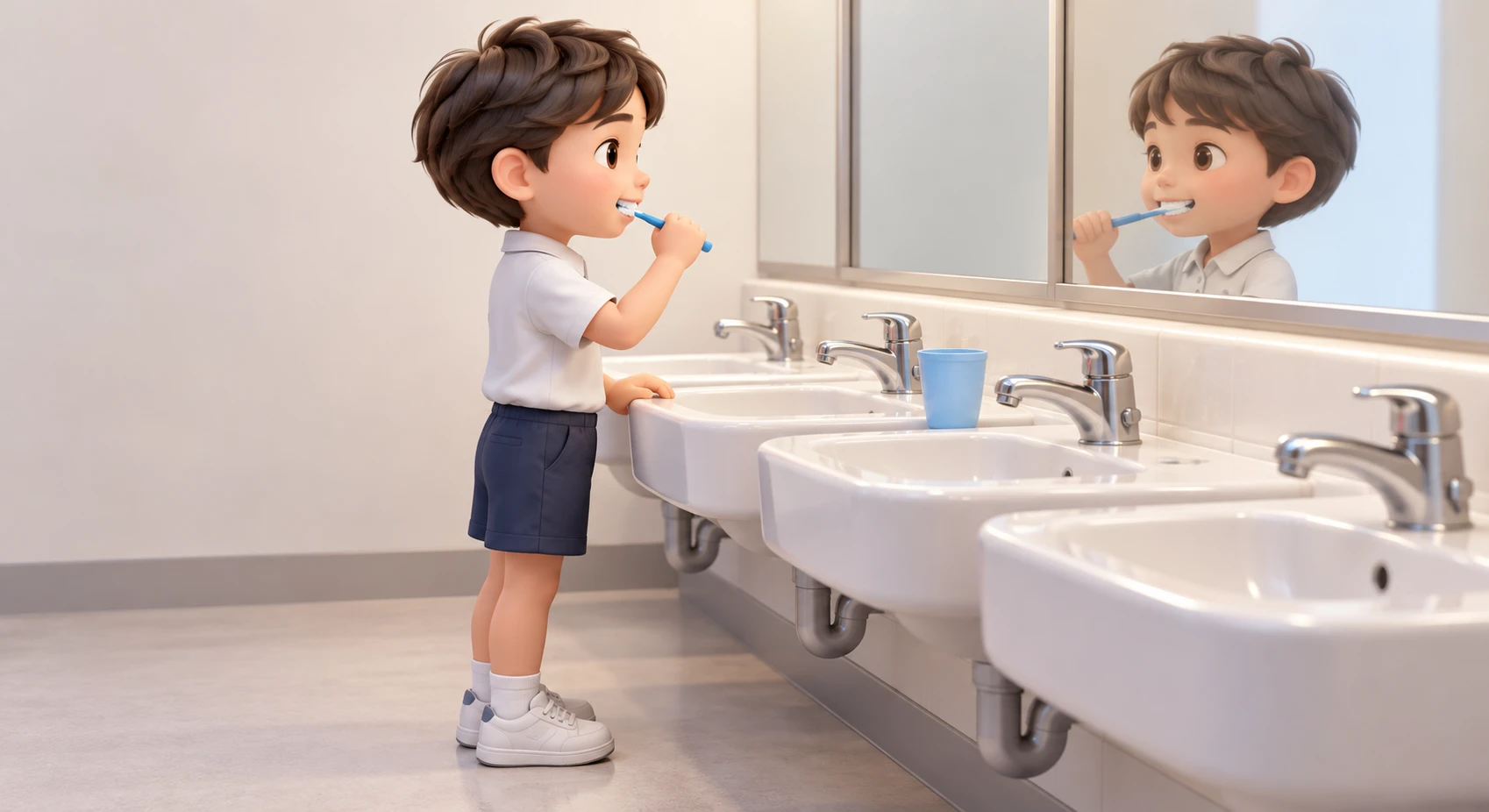 給食のあとに学校の流しで歯みがきをする子どものイラスト(ソフト3D)