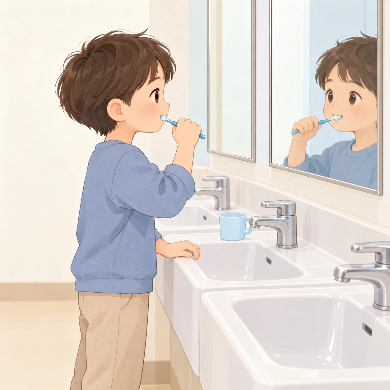 給食のあとに学校の流しで歯みがきをする子どものイラスト(ソフトパステル)