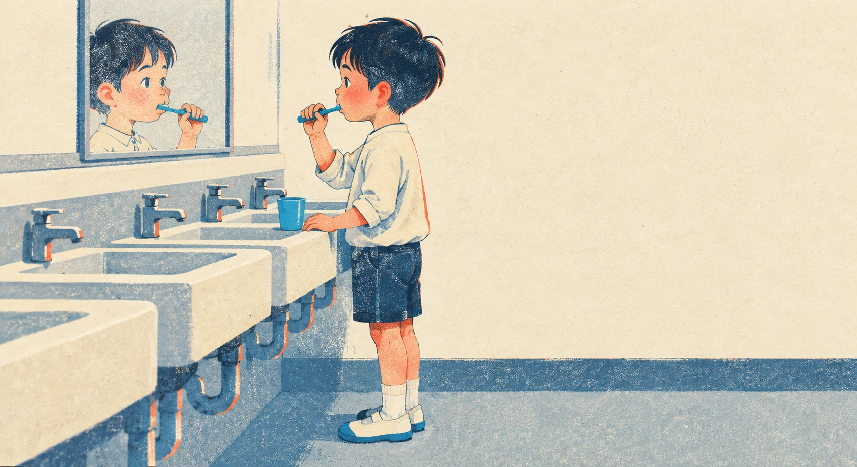 給食のあとに学校の流しで歯みがきをする子どものイラスト(レトロ印刷)