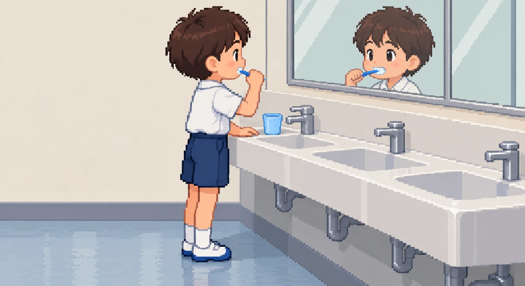 給食のあとに学校の流しで歯みがきをする子どものイラスト(ドット絵)