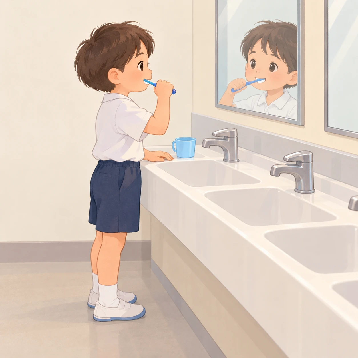 給食のあとに学校の流しで歯みがきをする子どものイラスト(ソフトパステル)
