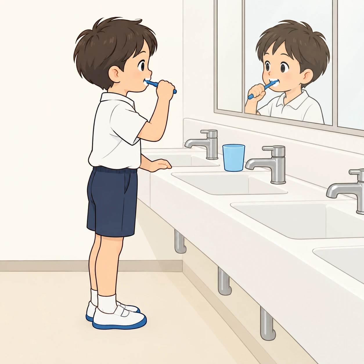 給食のあとに学校の流しで歯みがきをする子どものイラスト(シンプル線画)