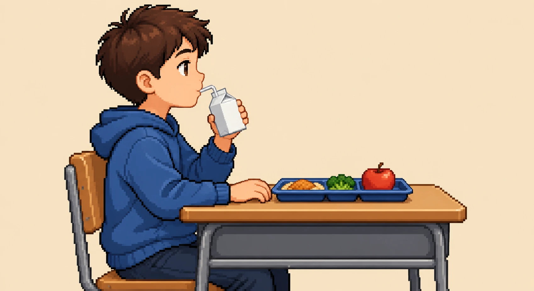 給食の牛乳を飲む子どものイラスト(ドット絵)