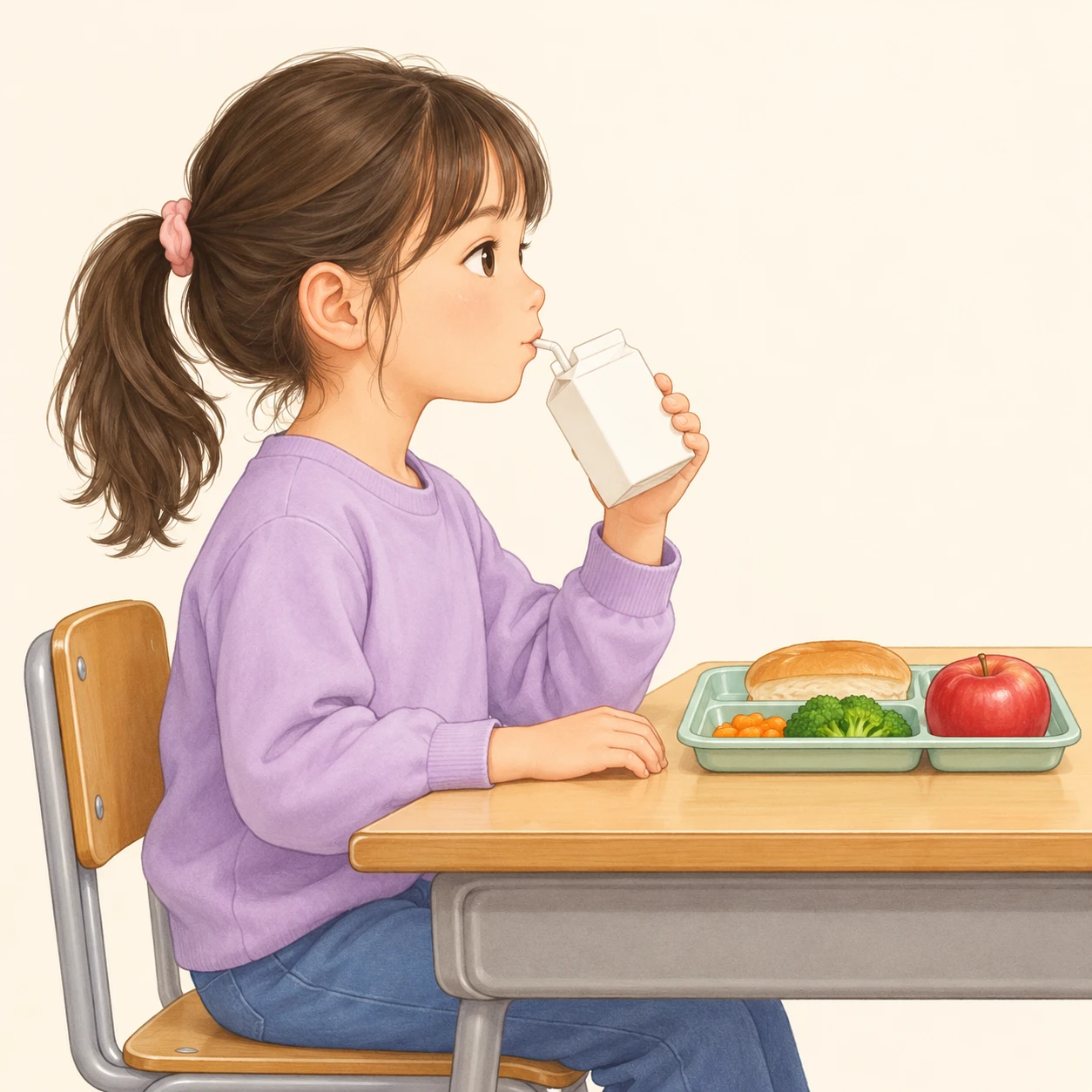 給食の牛乳を飲む子どものイラスト(ソフトパステル)
