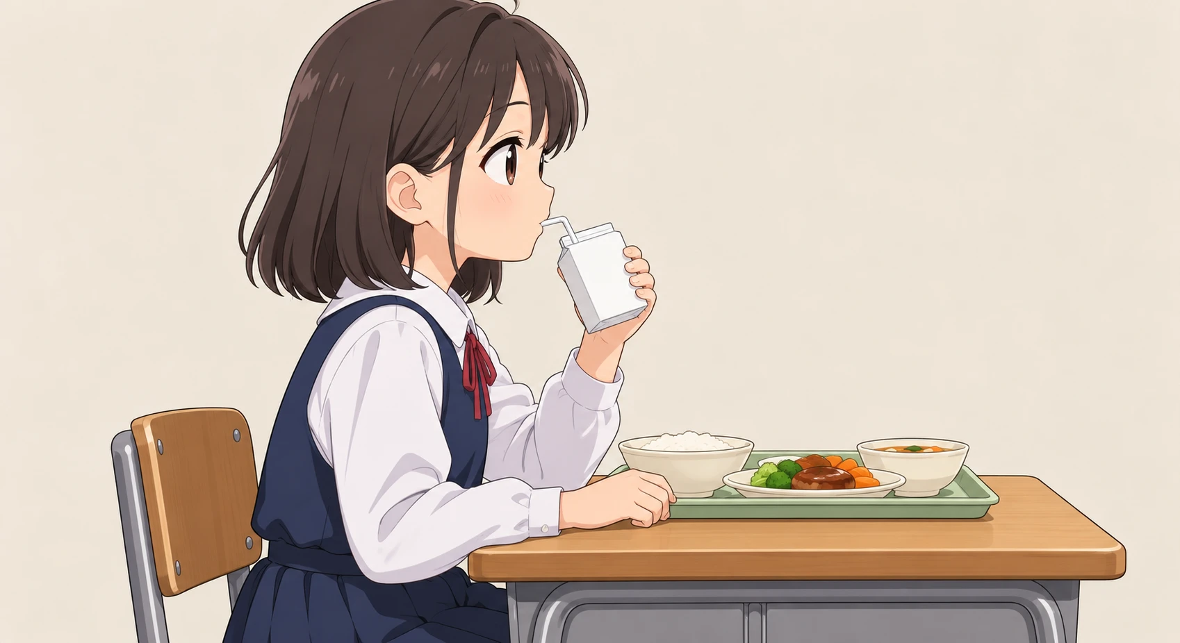 Illustration of a child drinking milk at school lunch (anime cel-shaded)