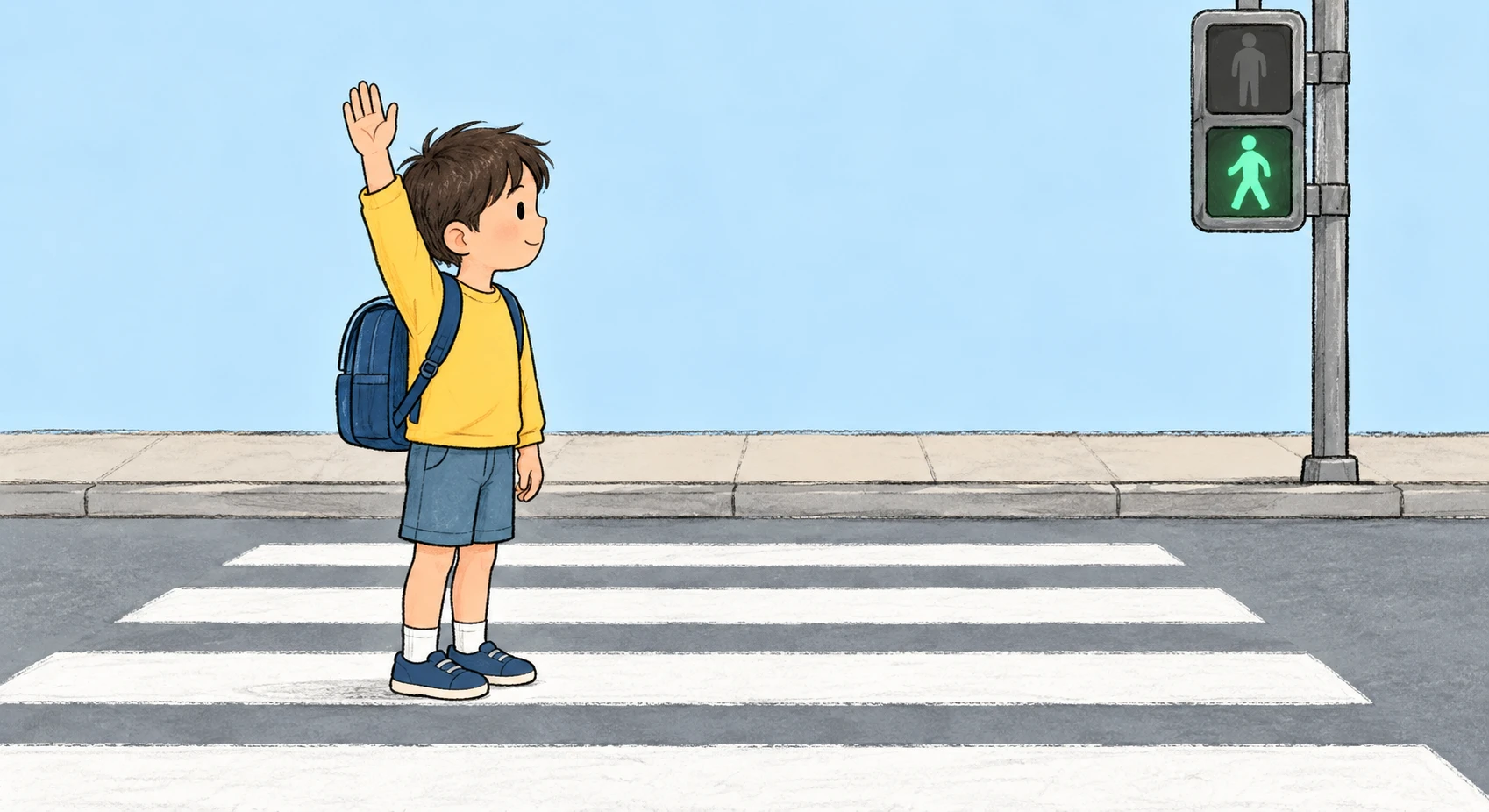 Illustration of a child raising a hand while crossing at a crosswalk (hand-drawn)