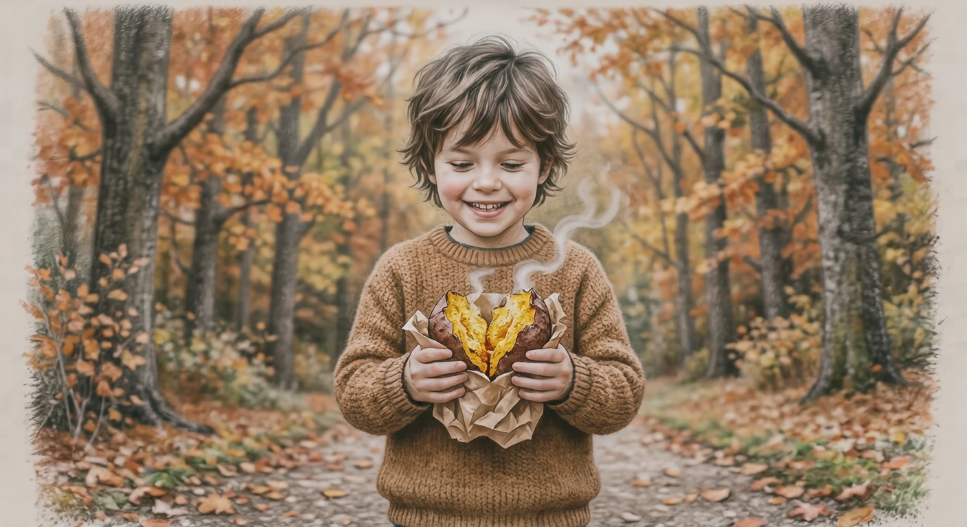 Illustration of a child holding a steaming roasted sweet potato (colored pencil)