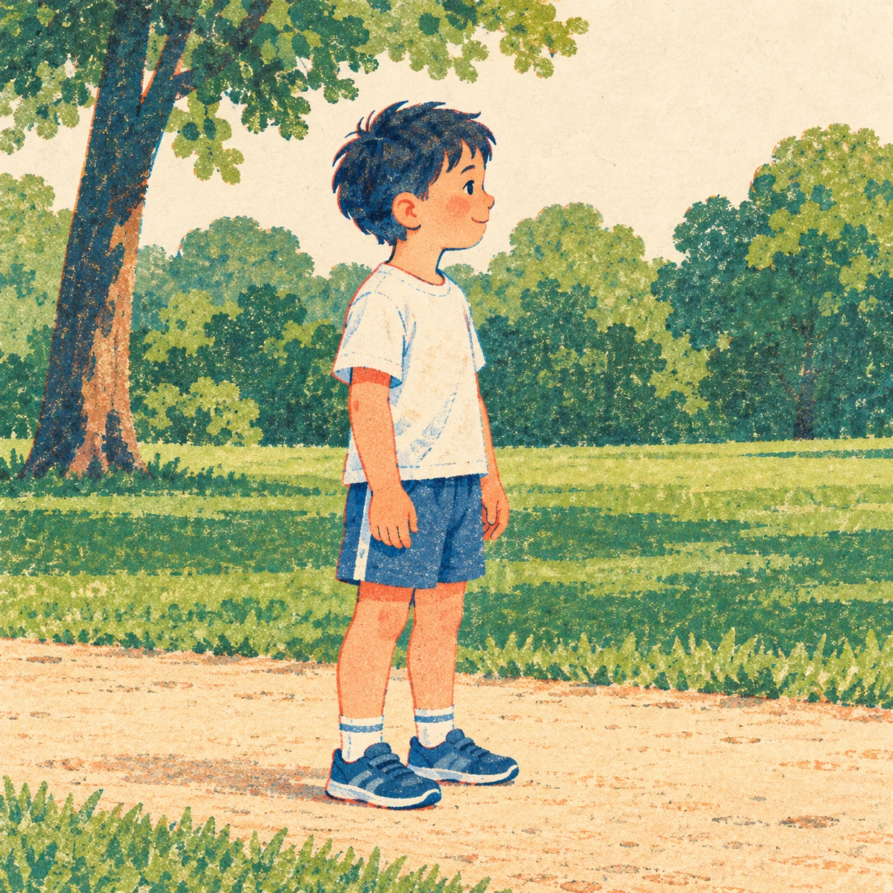 公園を走る子どものイラスト(レトロ印刷)