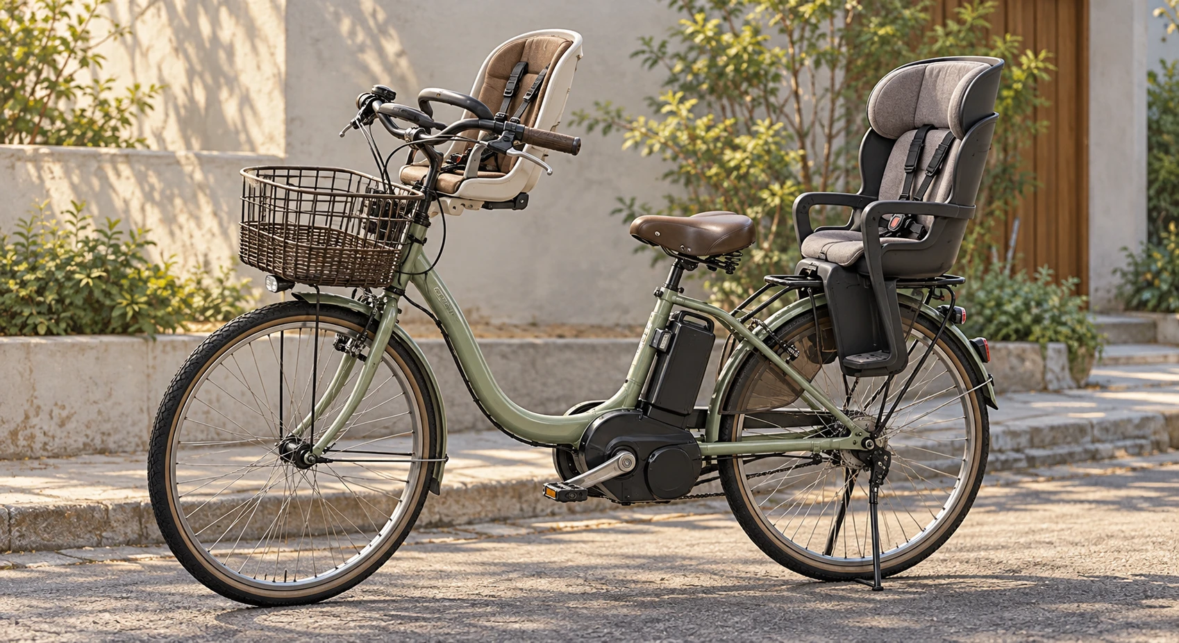 チャイルドシート付きの子ども乗せ自転車のイラスト(写実)