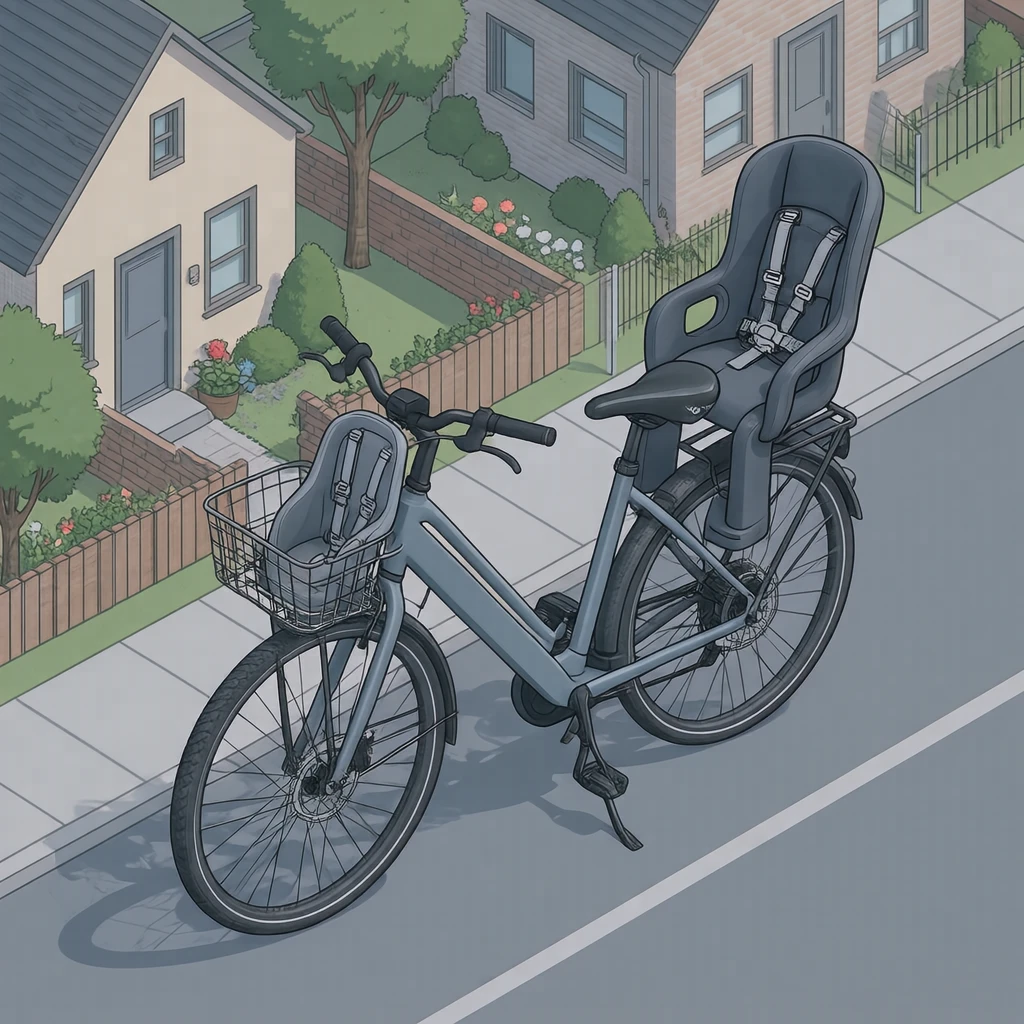 チャイルドシート付きの子ども乗せ自転車のイラスト(アイソメトリック)