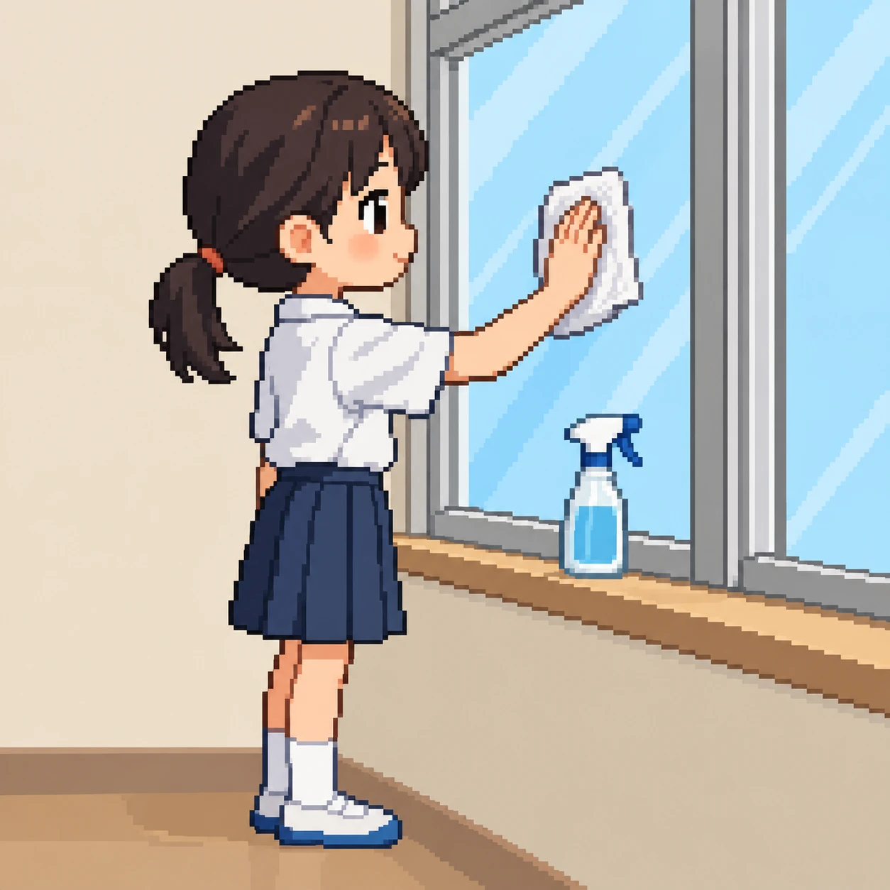 Illustration of a child wiping a classroom window (pixel art)