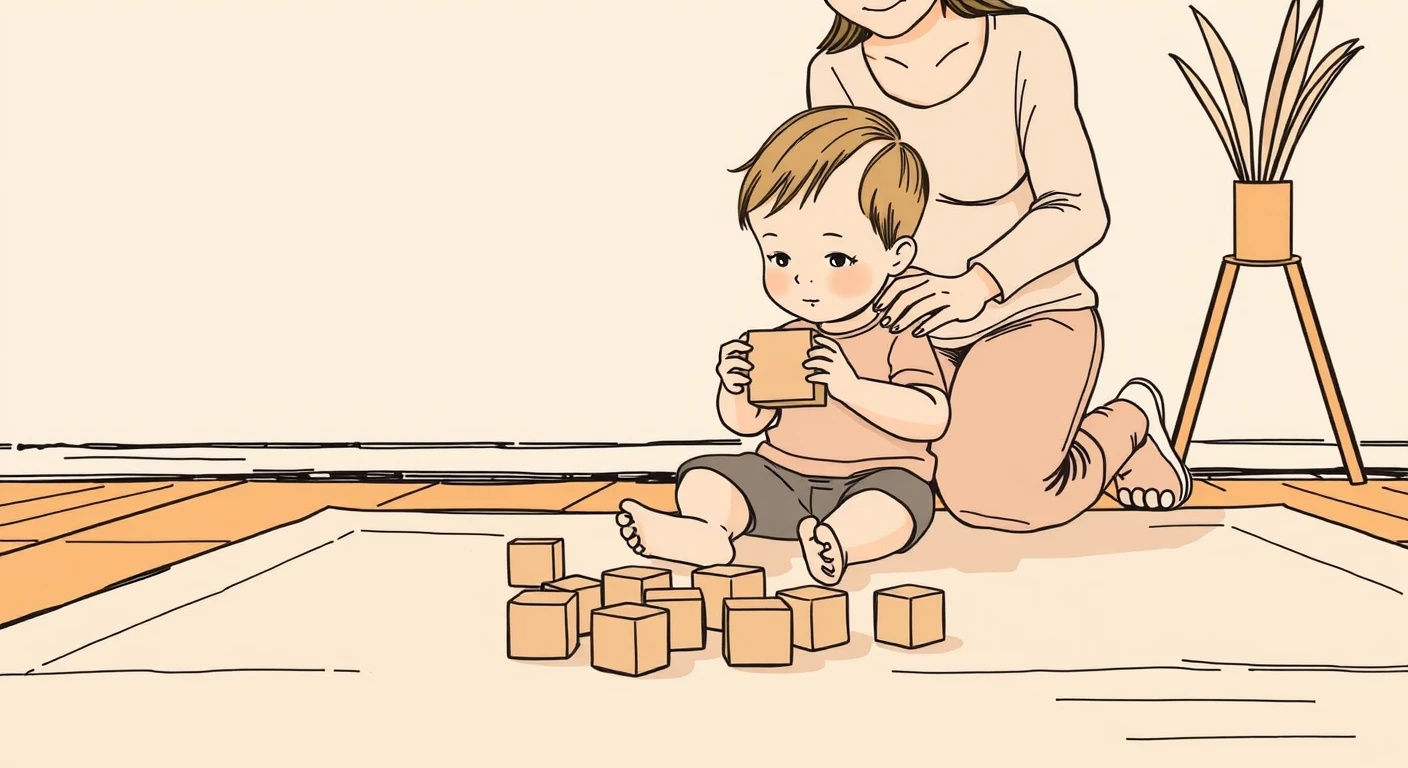 積み木で遊ぶ子どもと見守る親のイラスト