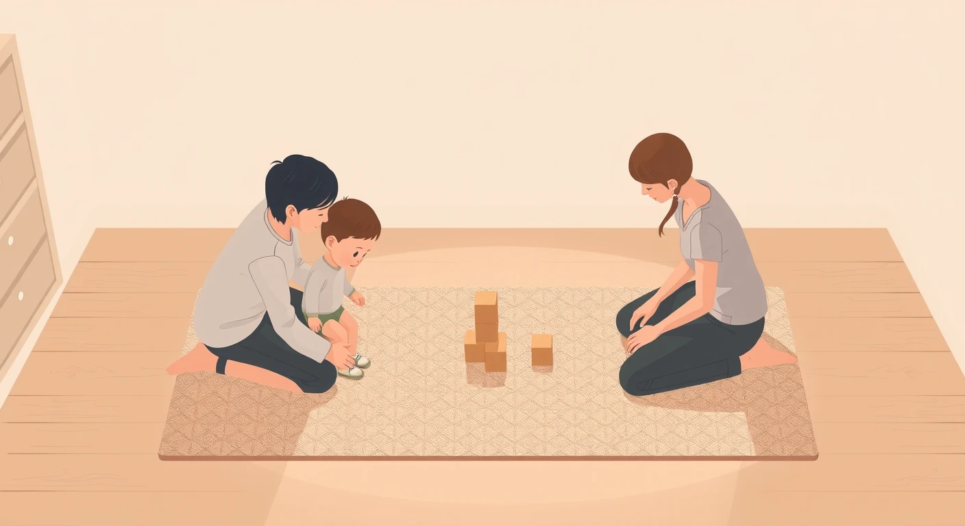 部屋で子どもと積み木で遊ぶ親のイラスト