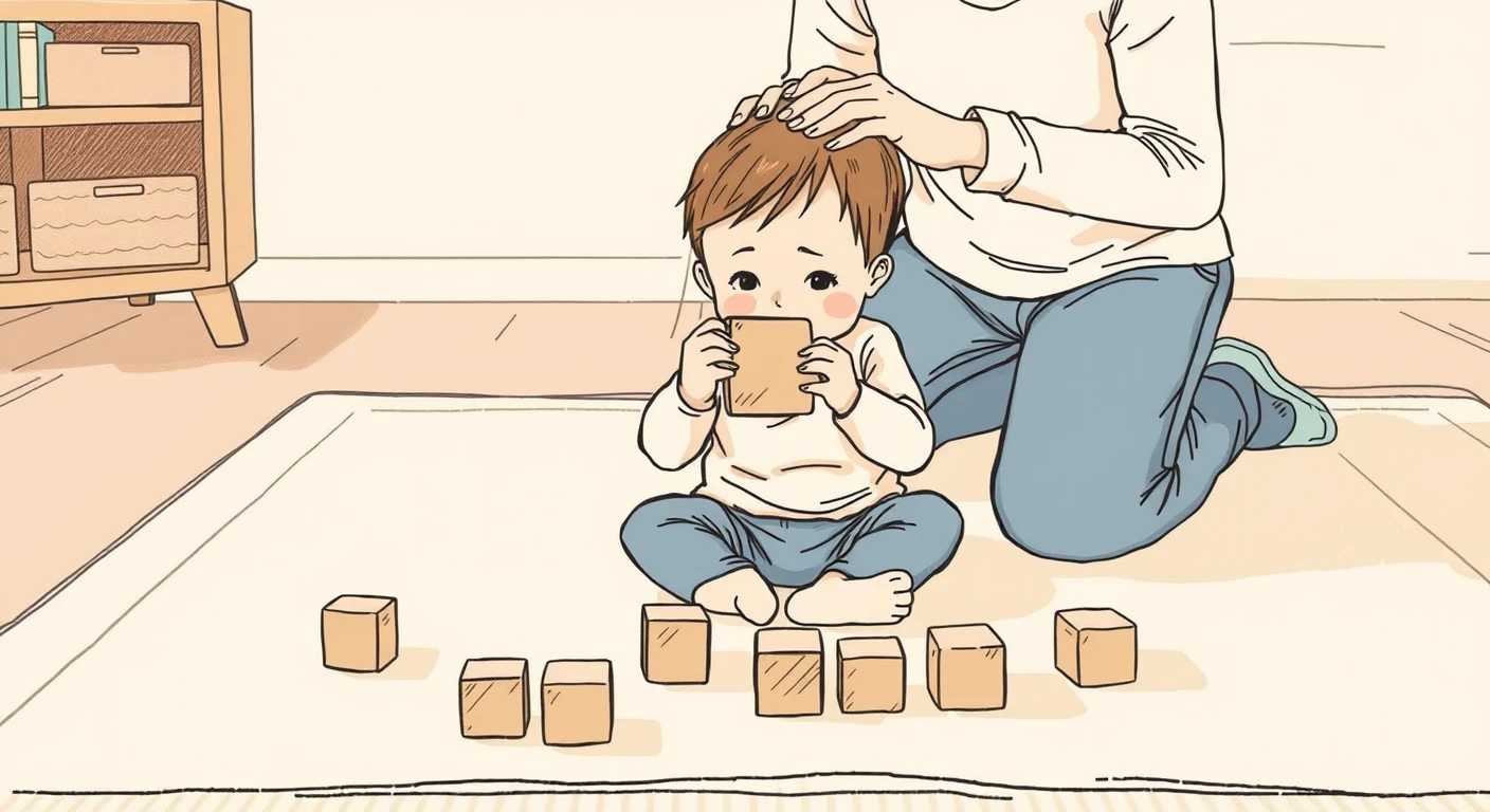積み木で遊ぶ子どもと見守る親のイラスト
