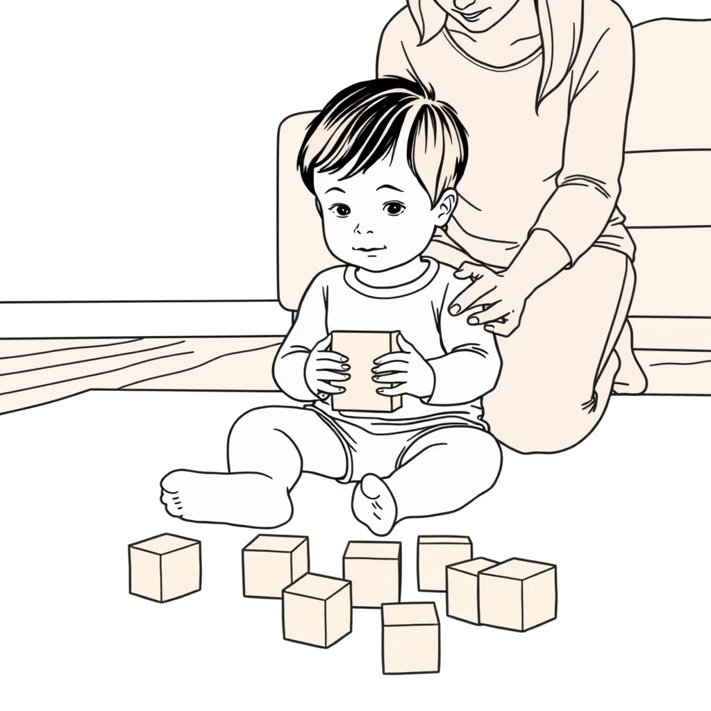 積み木で遊ぶ子どもと見守る親のイラスト