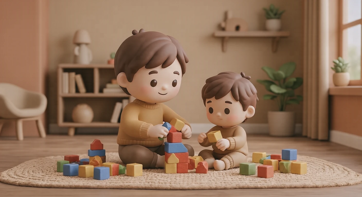 積み木で遊ぶ親子のイラスト（ソフト3D）