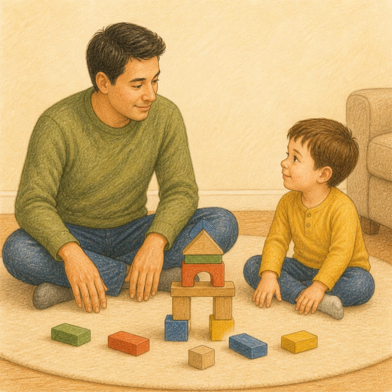 積み木で遊ぶ親子のソフトイラスト