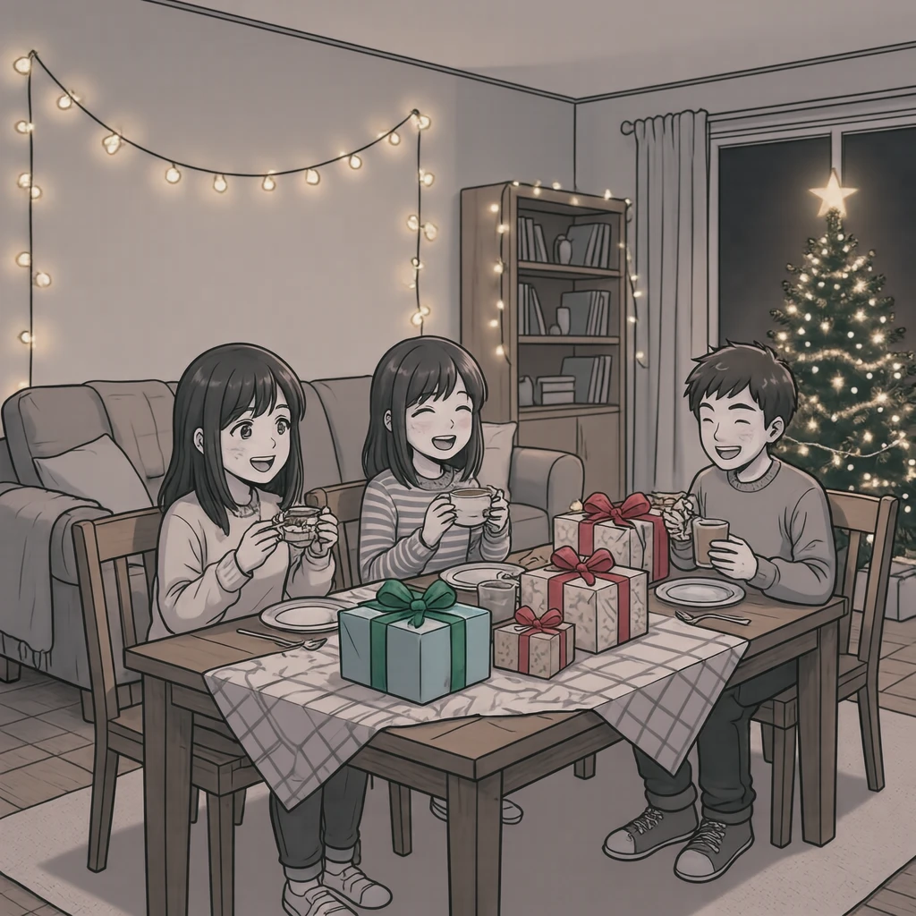 プレゼントが並ぶテーブルとイルミネーション、奥のクリスマスツリーのイラスト（アニメ塗り）