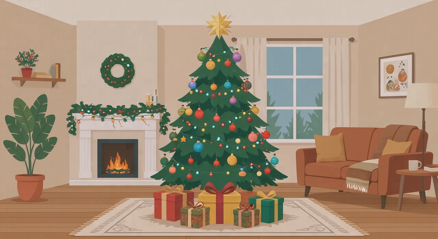 オーナメントで飾られたクリスマスツリーとプレゼントのイラスト（フラットイラスト）