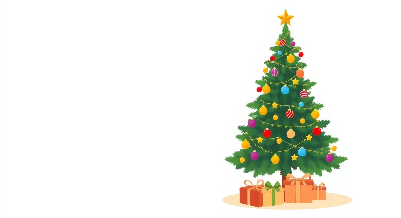 オーナメントで飾られたクリスマスツリーとプレゼントのフラットイラスト