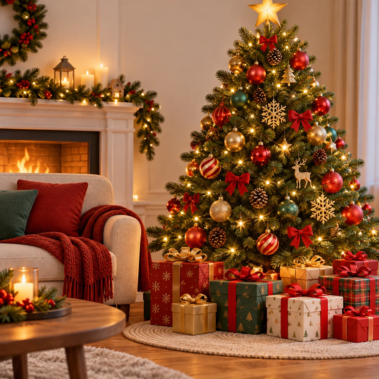 Illustration of a decorated christmas tree with wrapped gifts (soft 3D)