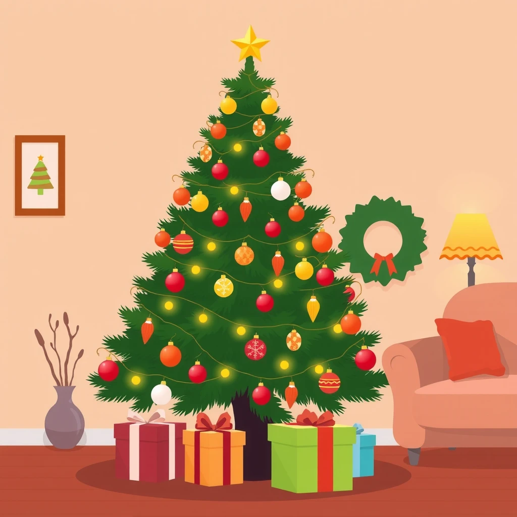 オーナメントで飾られたクリスマスツリーとプレゼントのフラットイラスト