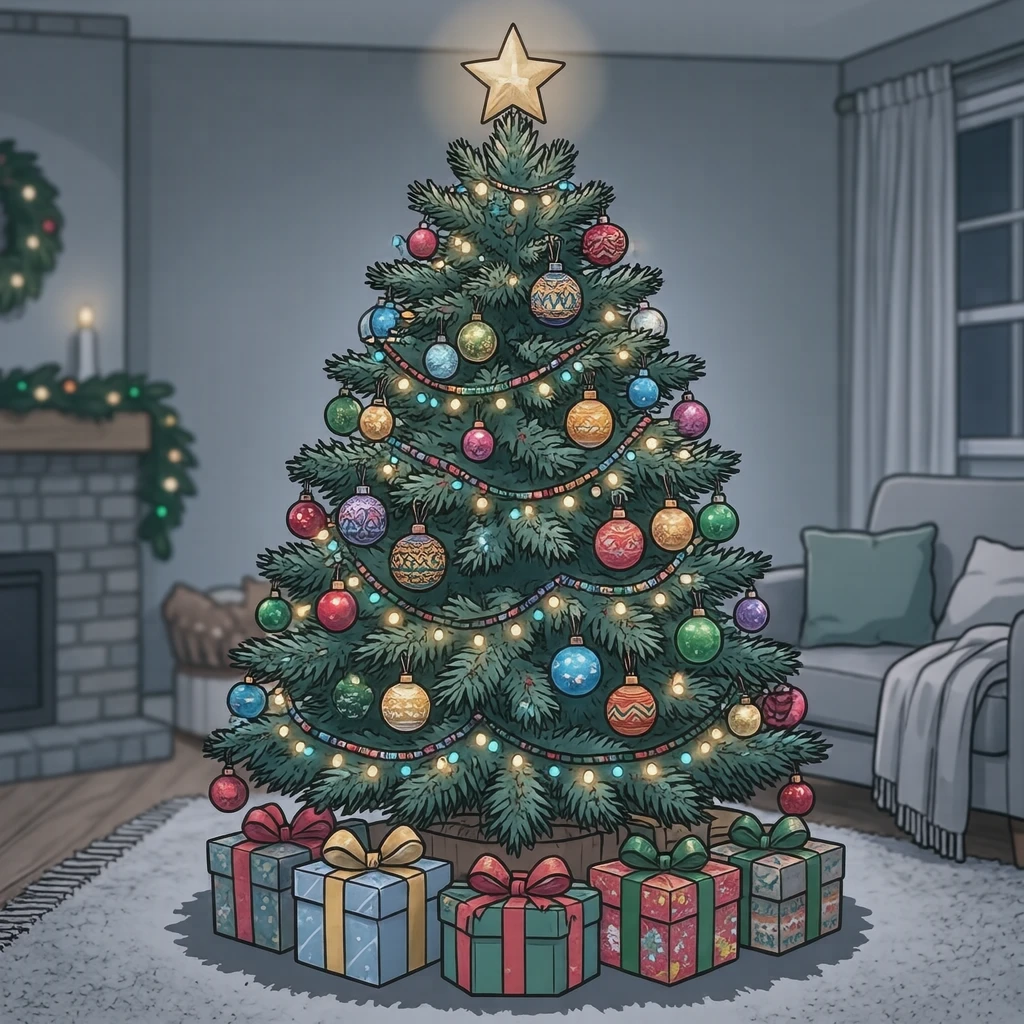 オーナメントで飾られたクリスマスツリーとプレゼントのイラスト（アニメ塗り）