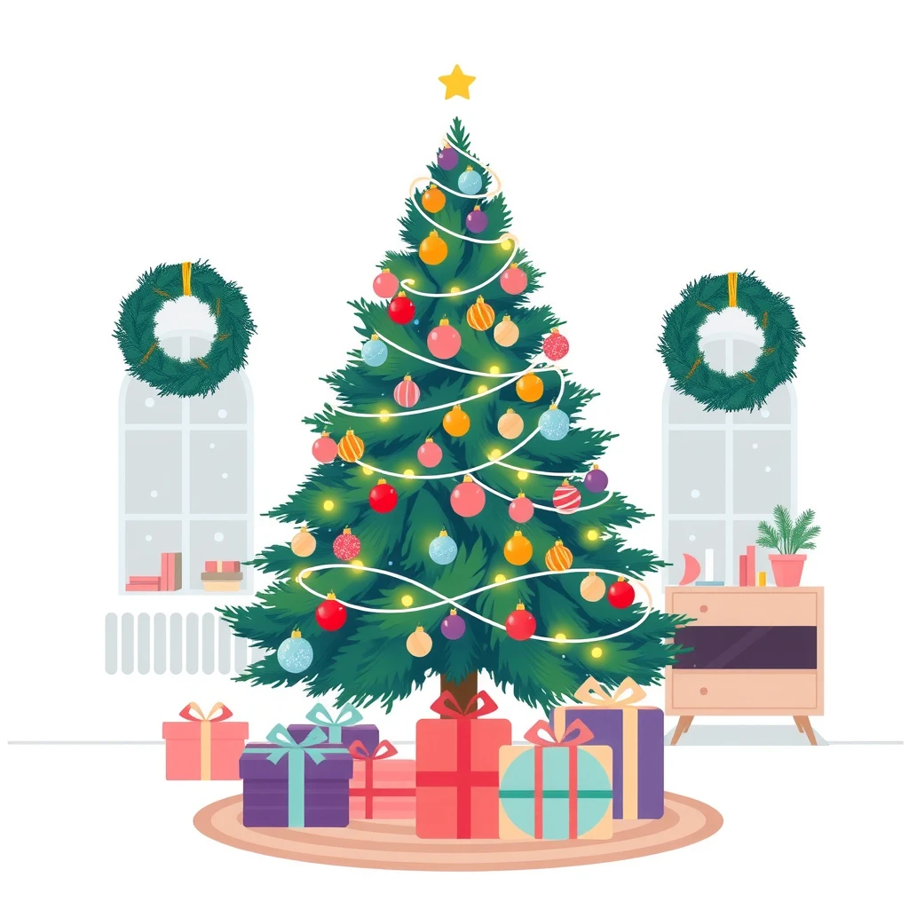 オーナメントで飾られたクリスマスツリーとプレゼントのフラットイラスト