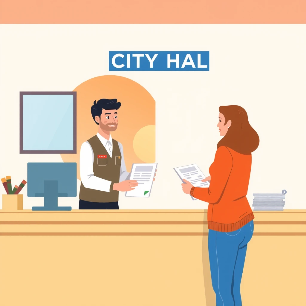 市役所の窓口で住民の手続きを案内する職員のフラットイラスト