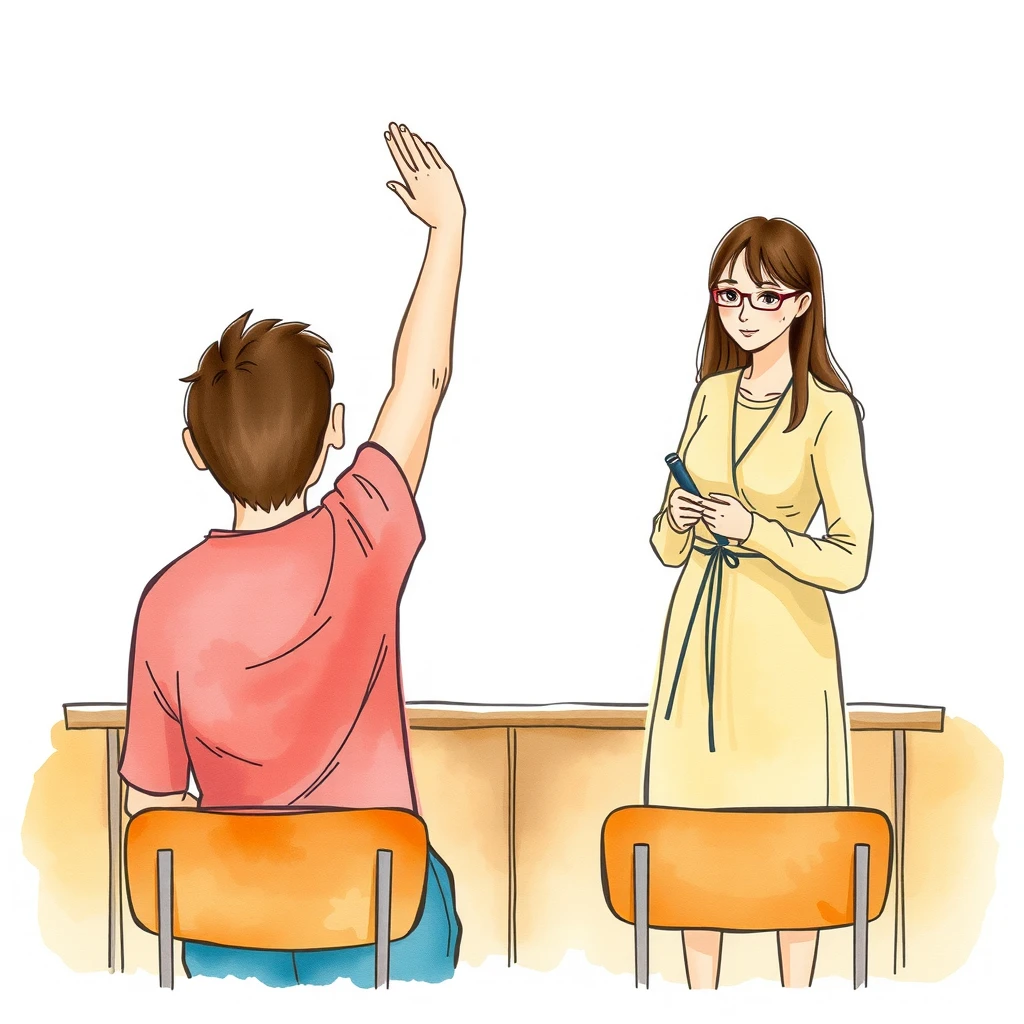 学級会で手を挙げる生徒と聞く先生のイラスト