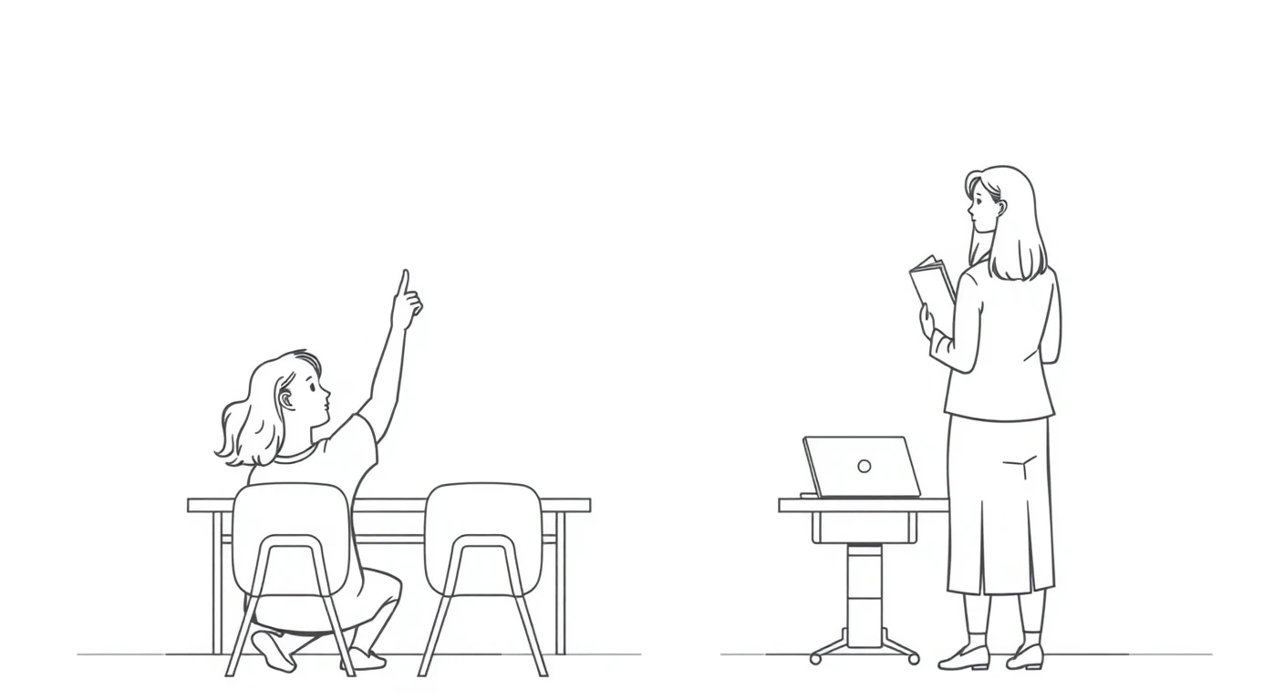 学級会で手を挙げる生徒と聞く先生のイラスト
