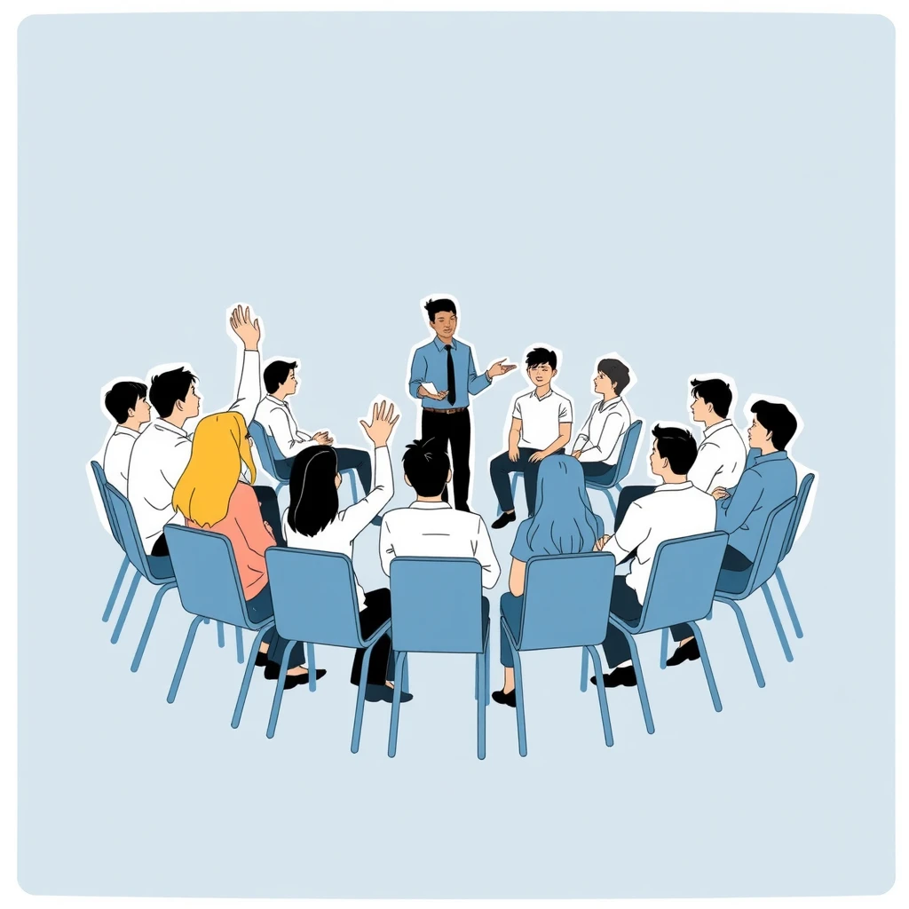 学級会で輪になって話し合う生徒たちのイラスト