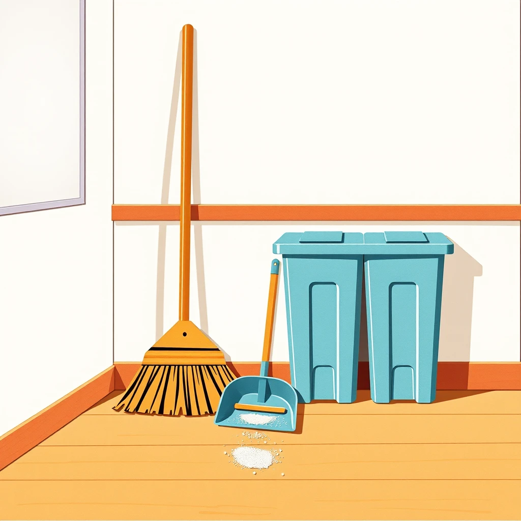 教室の掃除道具（ほうき・ちりとり・分別ゴミ箱）の切り絵風イラスト