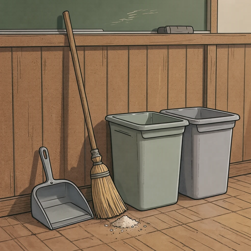 教室の掃除道具（ほうき・ちりとり・分別ゴミ箱）のイラスト（アニメ塗り）
