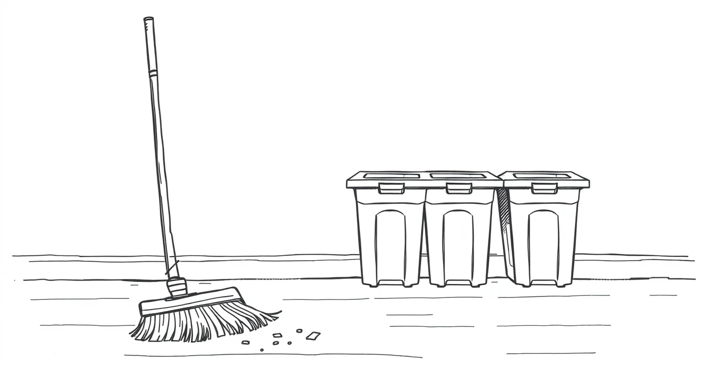 教室の掃除道具（ほうき・ちりとり・分別ゴミ箱）の手描き風イラスト
