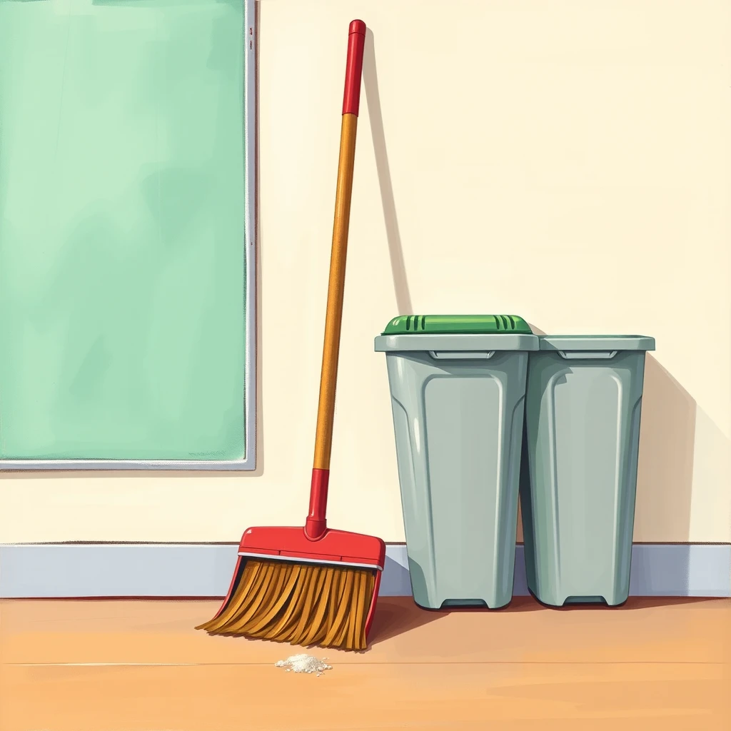 教室の掃除道具（ほうき・ちりとり・分別ゴミ箱）のグアッシュ画風イラスト