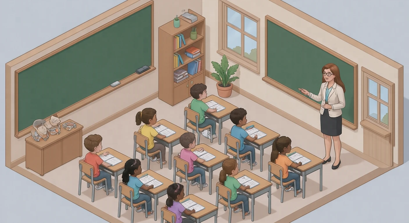 教室で授業をする先生のイラスト（アイソメトリック）