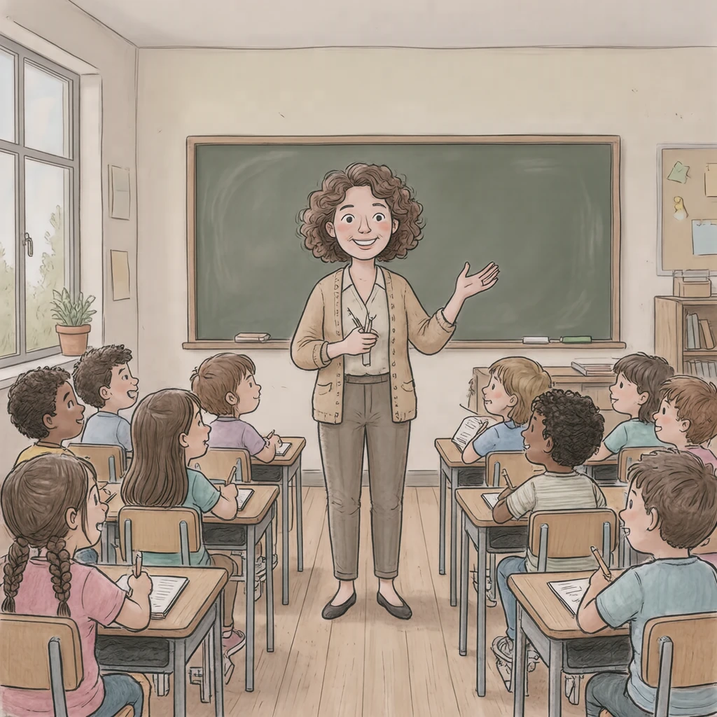 教室で授業をする先生のイラスト（手描き風）