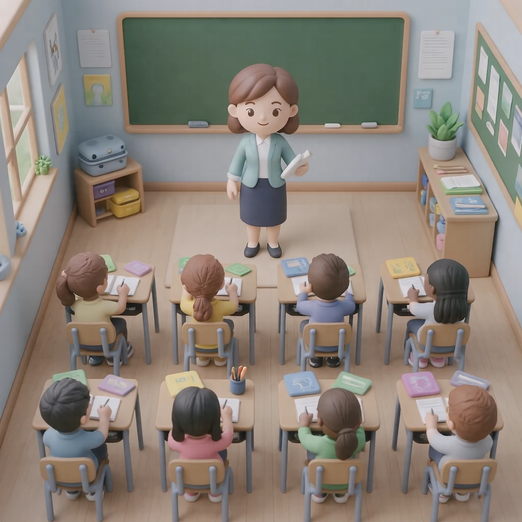 教室で授業をする先生のイラスト（ソフト3D）