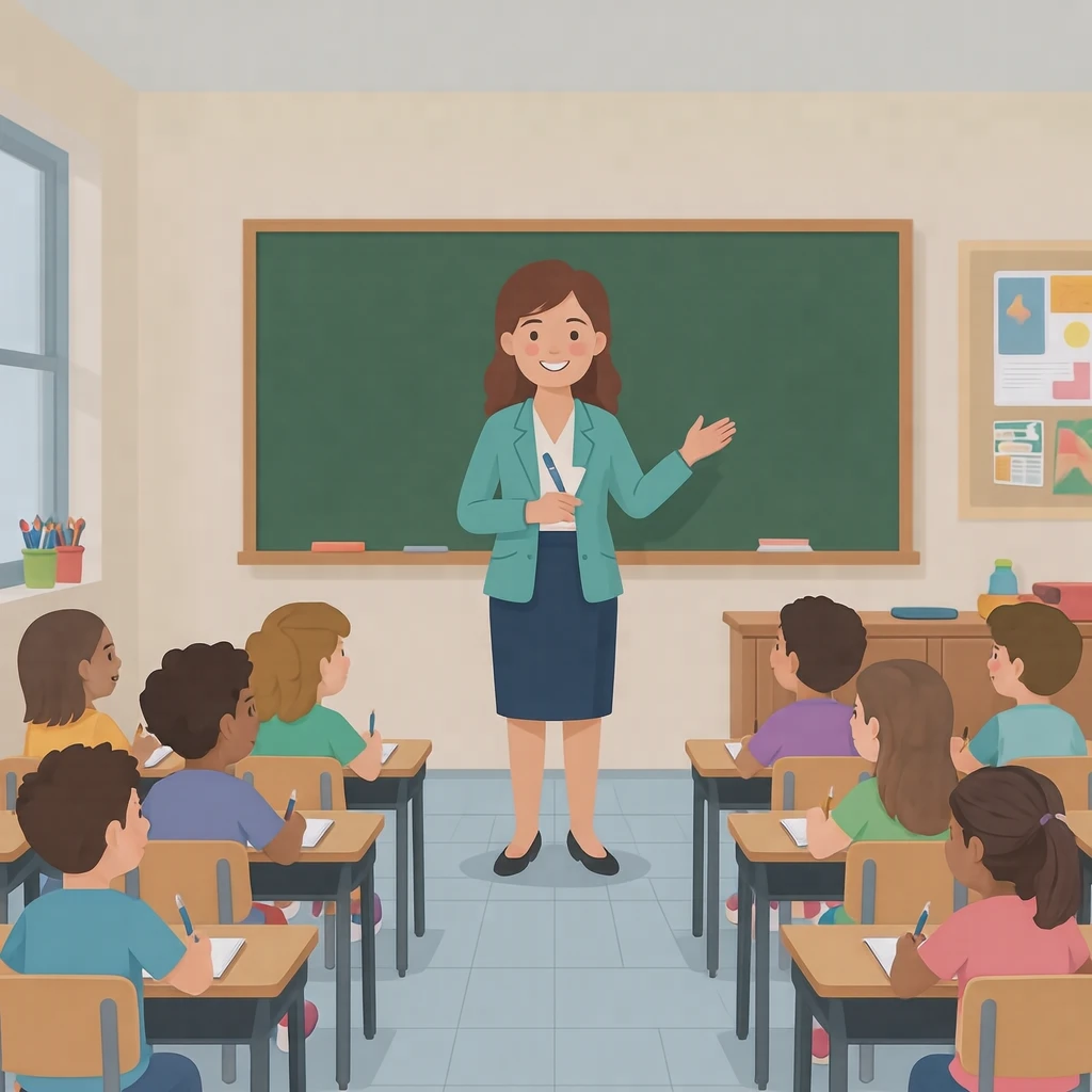 教室で授業をする先生のイラスト（フラットイラスト）
