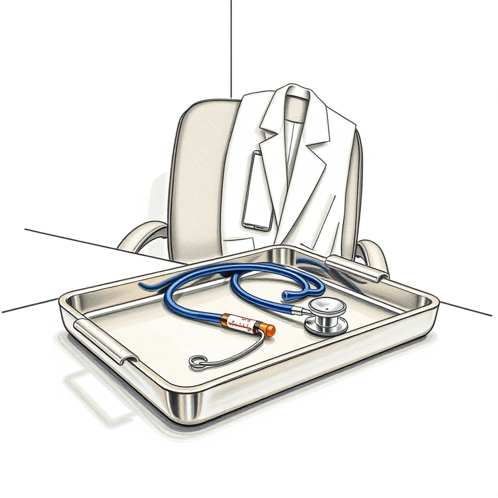 診察室の器具トレーと聴診器の色鉛筆風イラスト（色鉛筆）