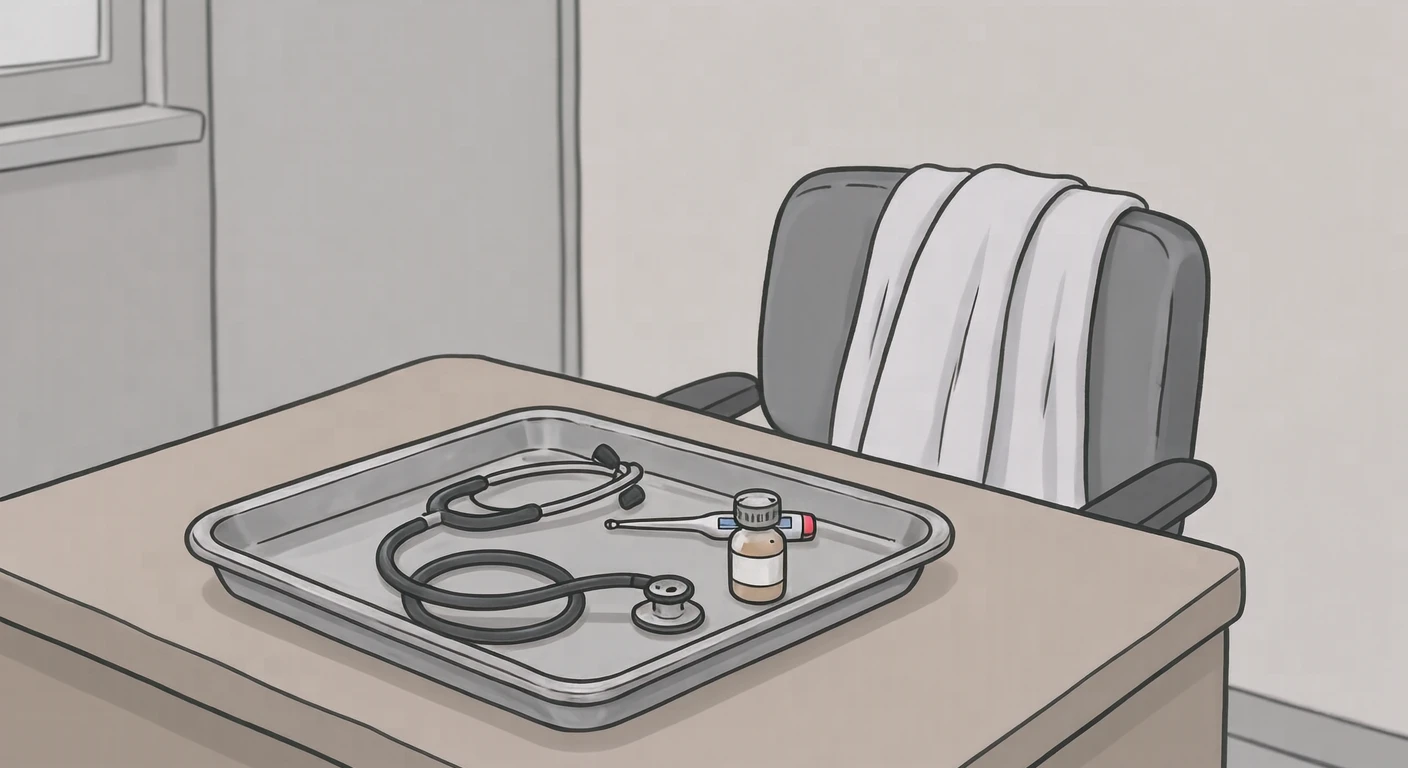 診察室の器具トレーと聴診器のイラスト（ゆるいイラスト）