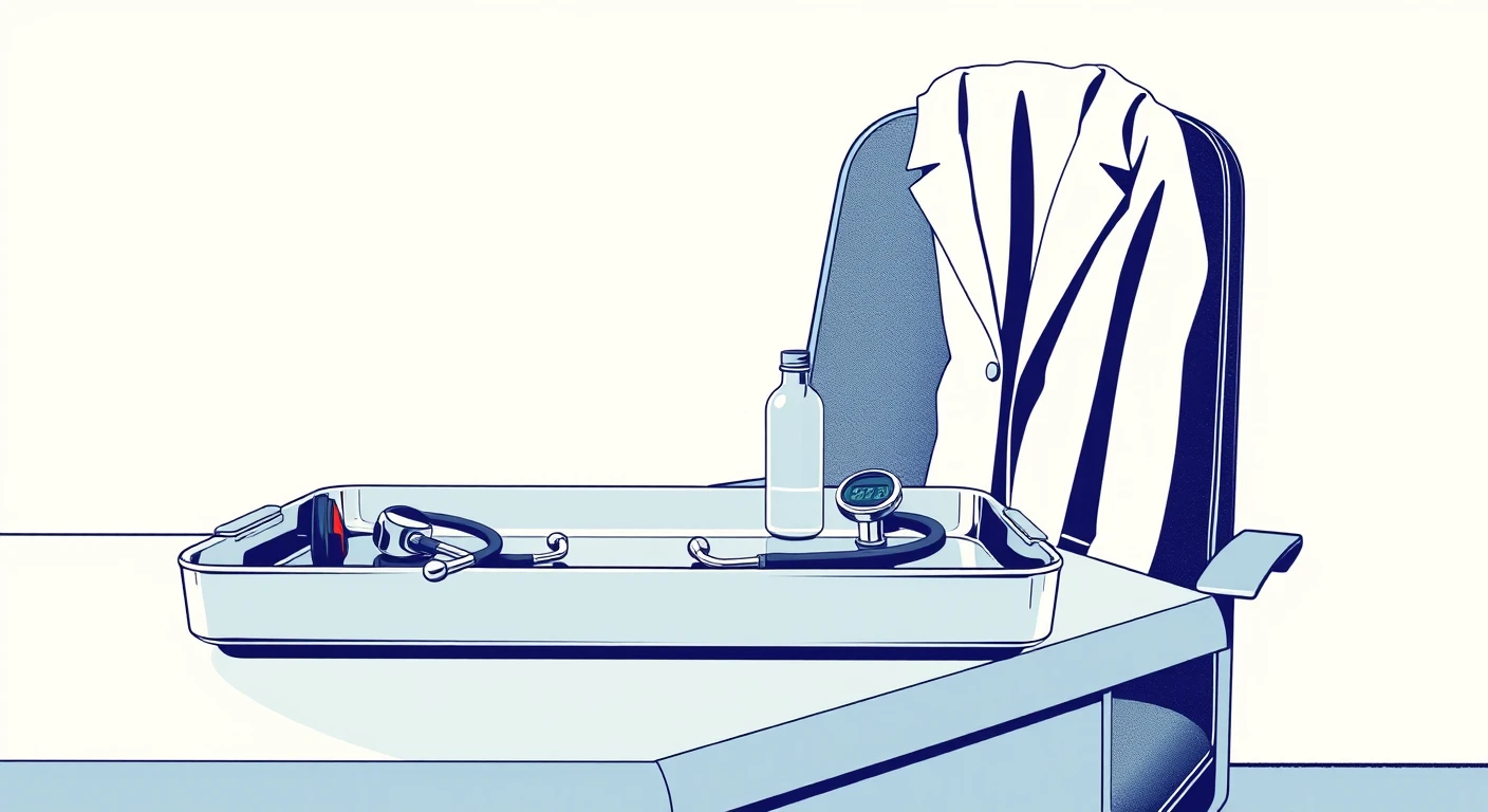 診察室の器具トレーと聴診器のレトロ印刷風イラスト（レトロ印刷）