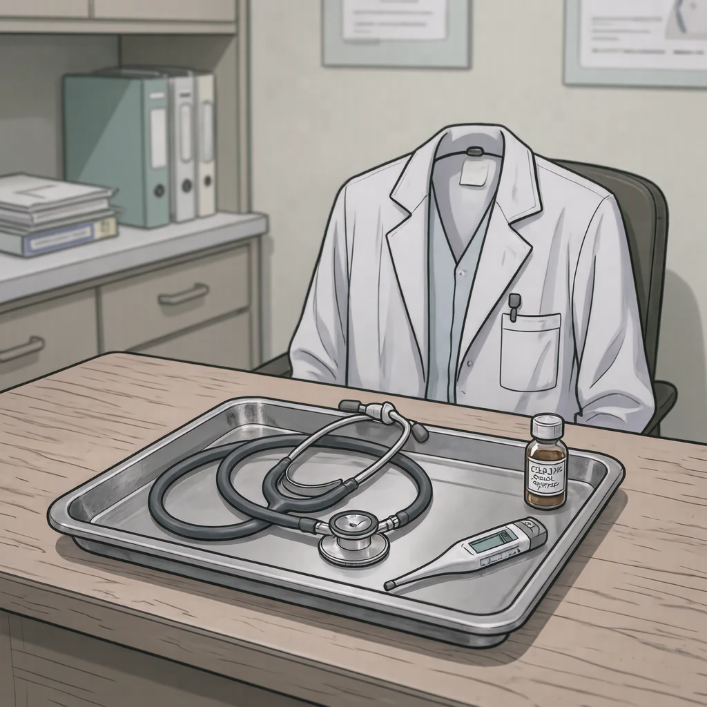 Illustration of a stethoscope and thermometer on a clinic instrument tray (anime cel-shaded)