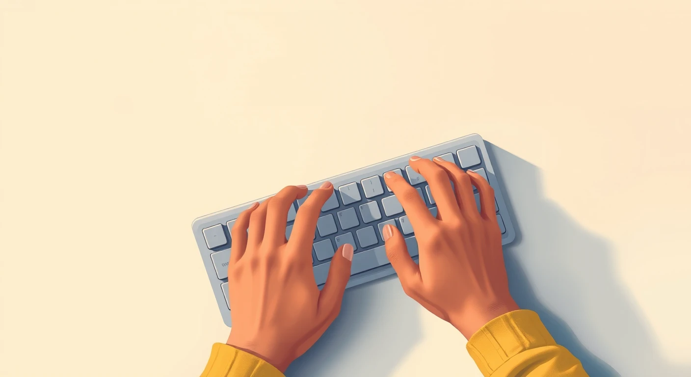 キーボードを打つ手元のグアッシュ画風イラスト