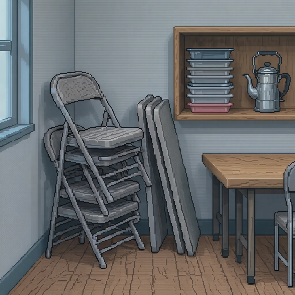 公民館の集会室の折りたたみ椅子と長机のドット絵（ドット絵）