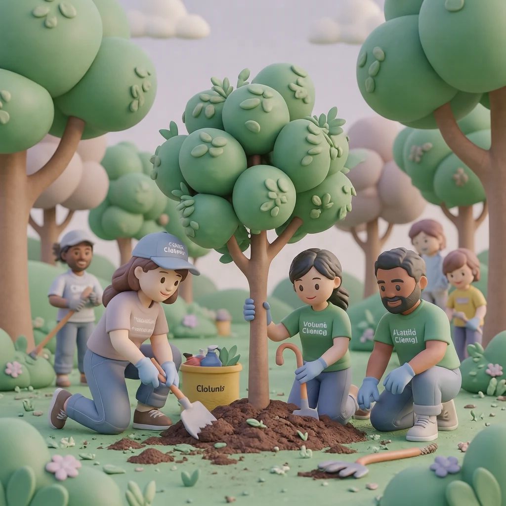公園を清掃するボランティアのイラスト（ソフト3D）