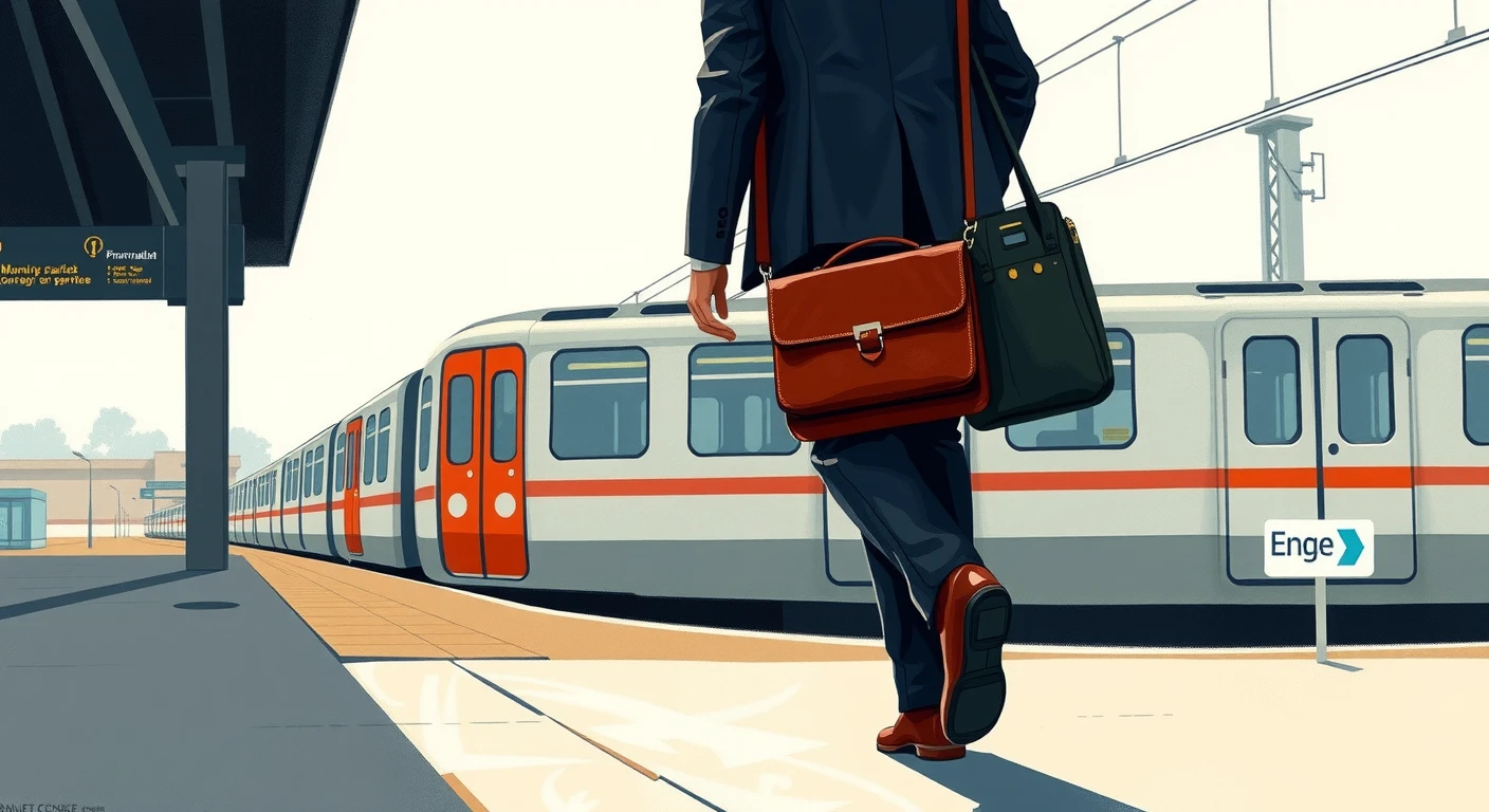 駅のホームを歩いて通勤するビジネスパーソンのグアッシュ画風イラスト