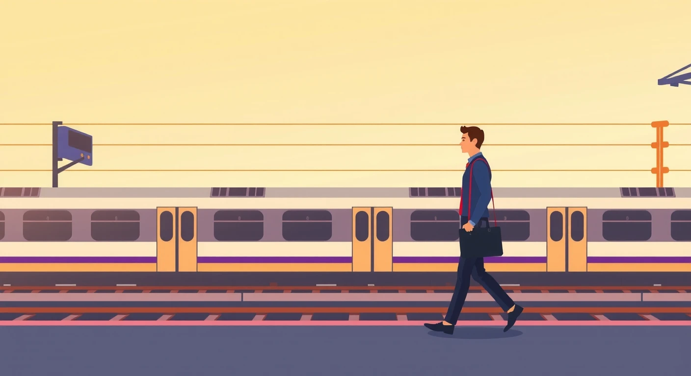 Flat illustration of a businessperson commuting on a train station platform